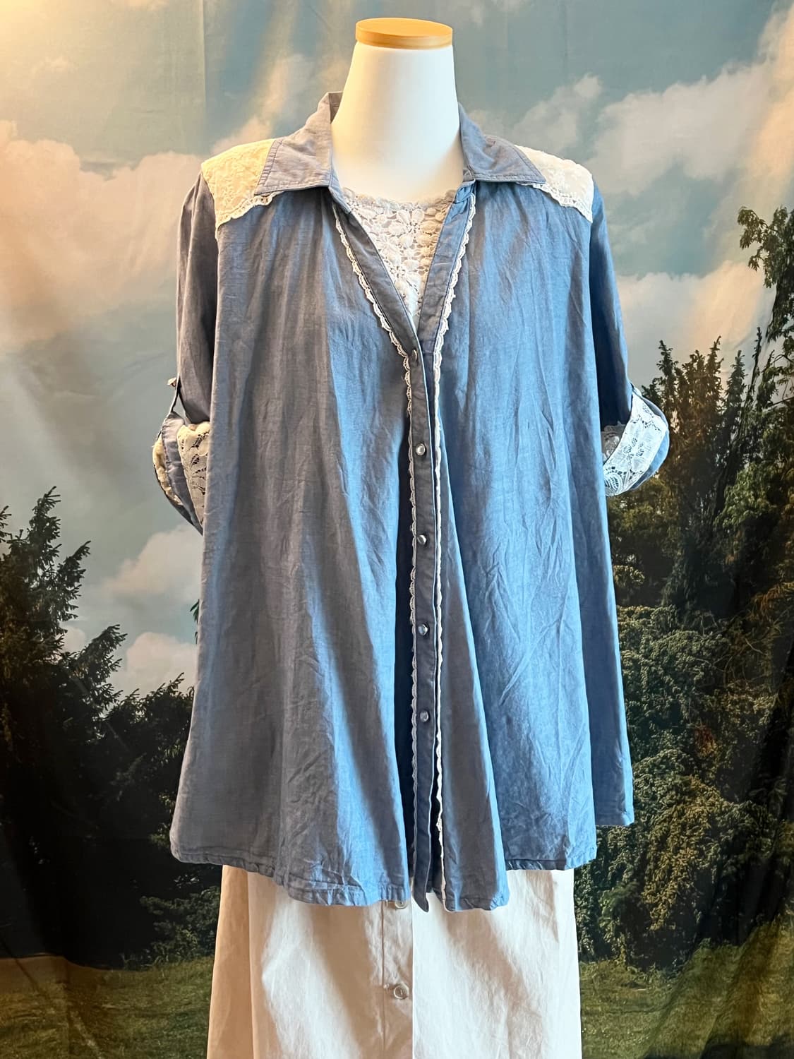 Axes femme Lace Patchwork Denim Shirt Bl 상품이미지1