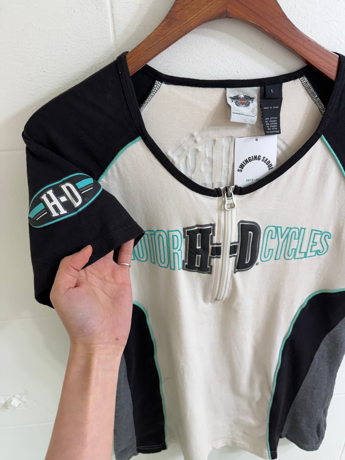 (상의 세트) 할리데이비슨 컬러 배색 반집업 반팔 + 그린 레이스 나시 상품이미지4