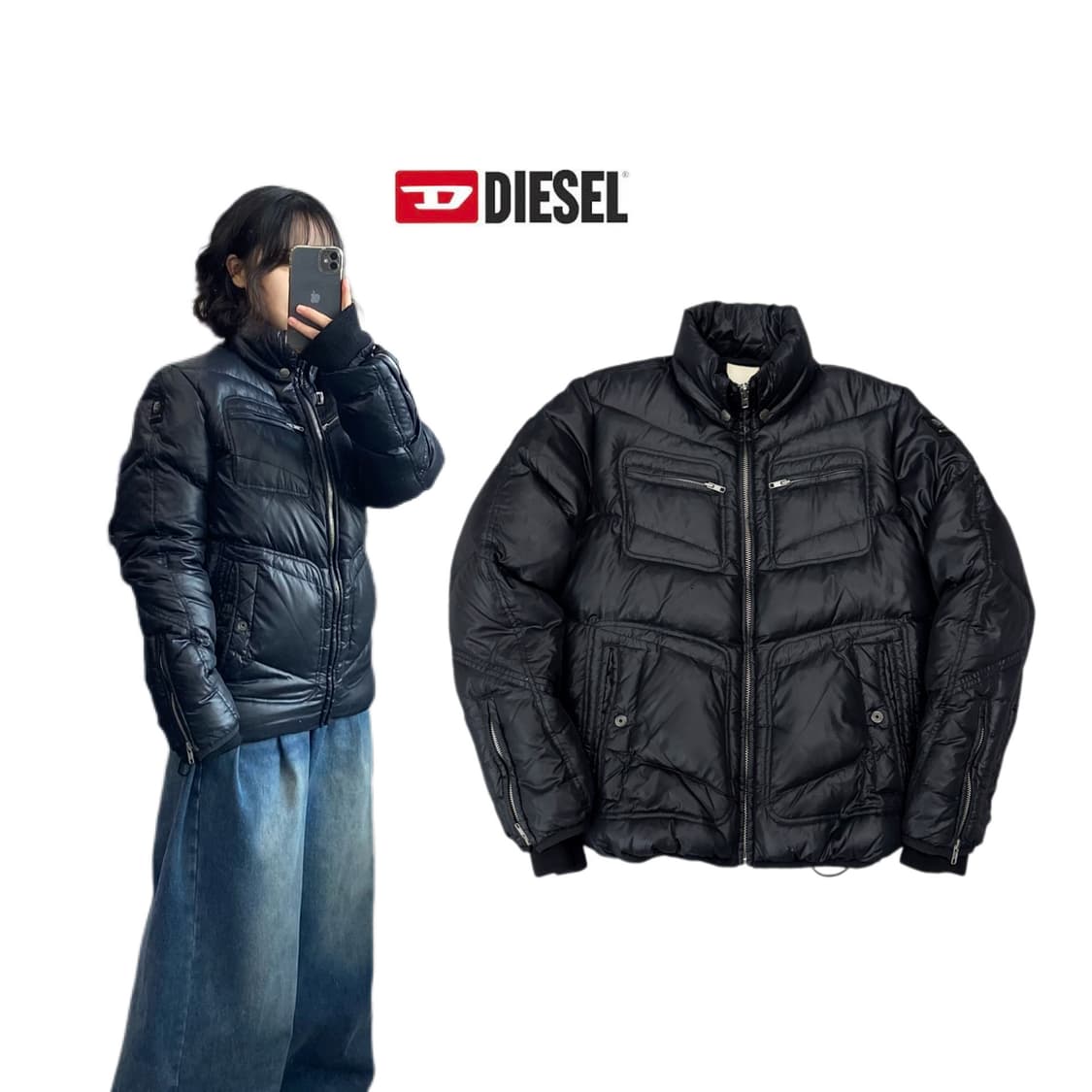 디젤 바이커 구스다운 나일론 패딩 블랙 상품이미지1