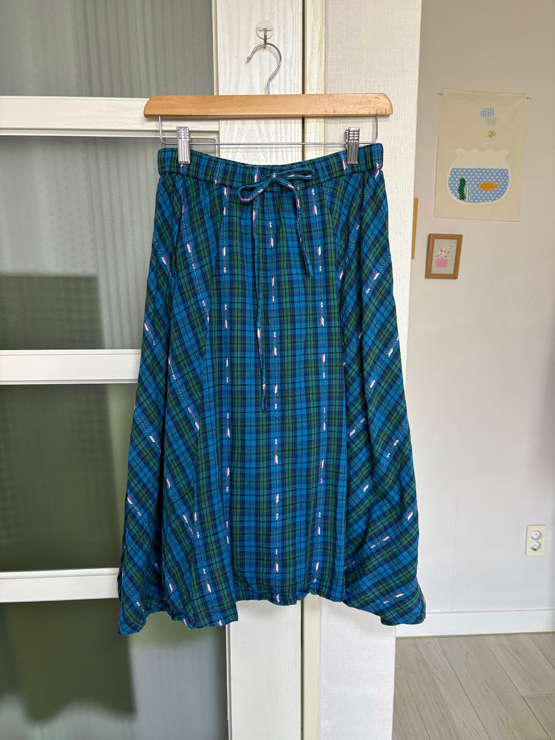 블루-그린 체크 미디 스커트 상품이미지1