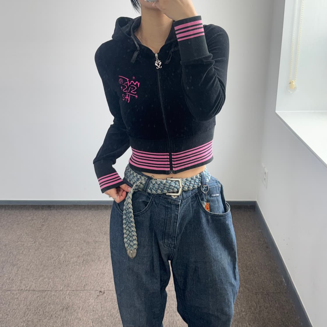 Mf! 미파 블랙 벨벳 핑크 포인트 후드집업 상품이미지1