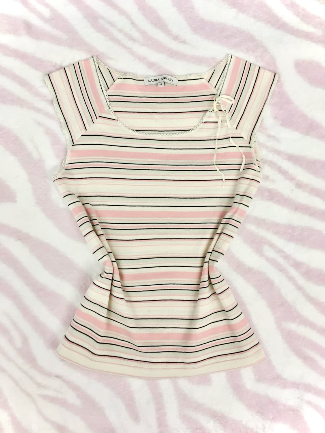 민트 핑크 스트라이프 리본 민소매 반팔 티셔츠 줄무늬 청순 갸루 모리걸 상품이미지1