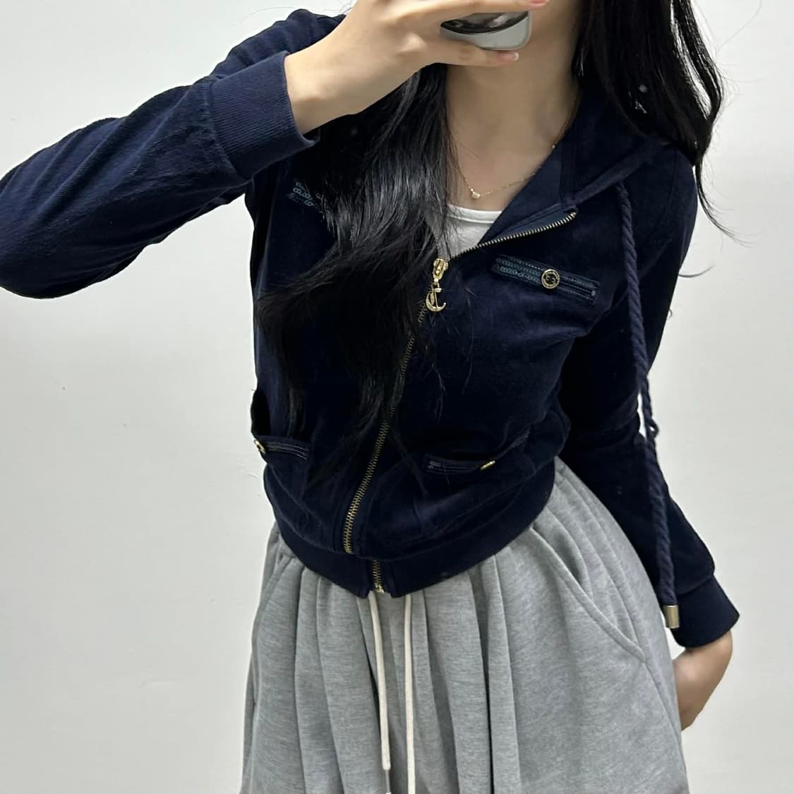 y2k 네이비 벨루어 벨벳 포켓 후드집업 희귀져지(90) 상품이미지1