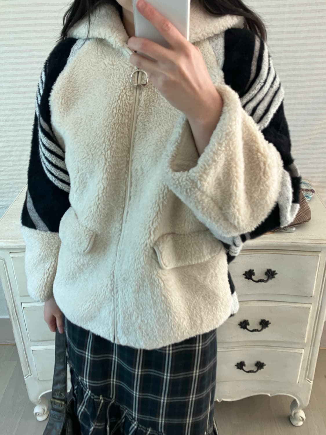 jpn vintage 아이보리 블랙 배색 후드 후리스 y2k 스트릿 갸루 상품이미지4