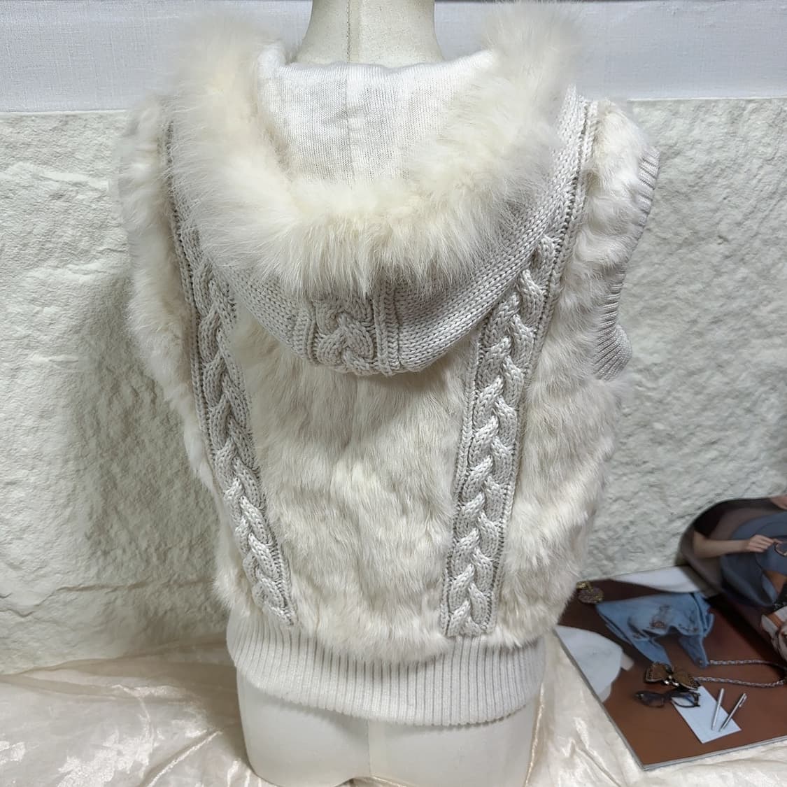 빈티지 순결한 폭스퍼후드 토끼털 꽈배기 니트 조끼 베스트 상품이미지4