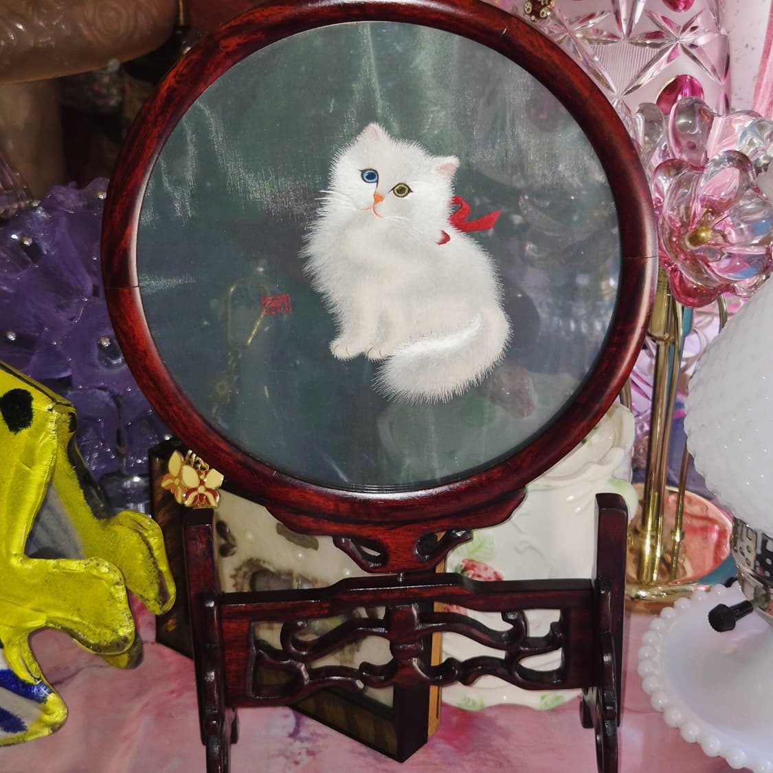 70s 쑤저우 전통 자수 옻칠 나무 고양이 돔 장식 상품이미지5