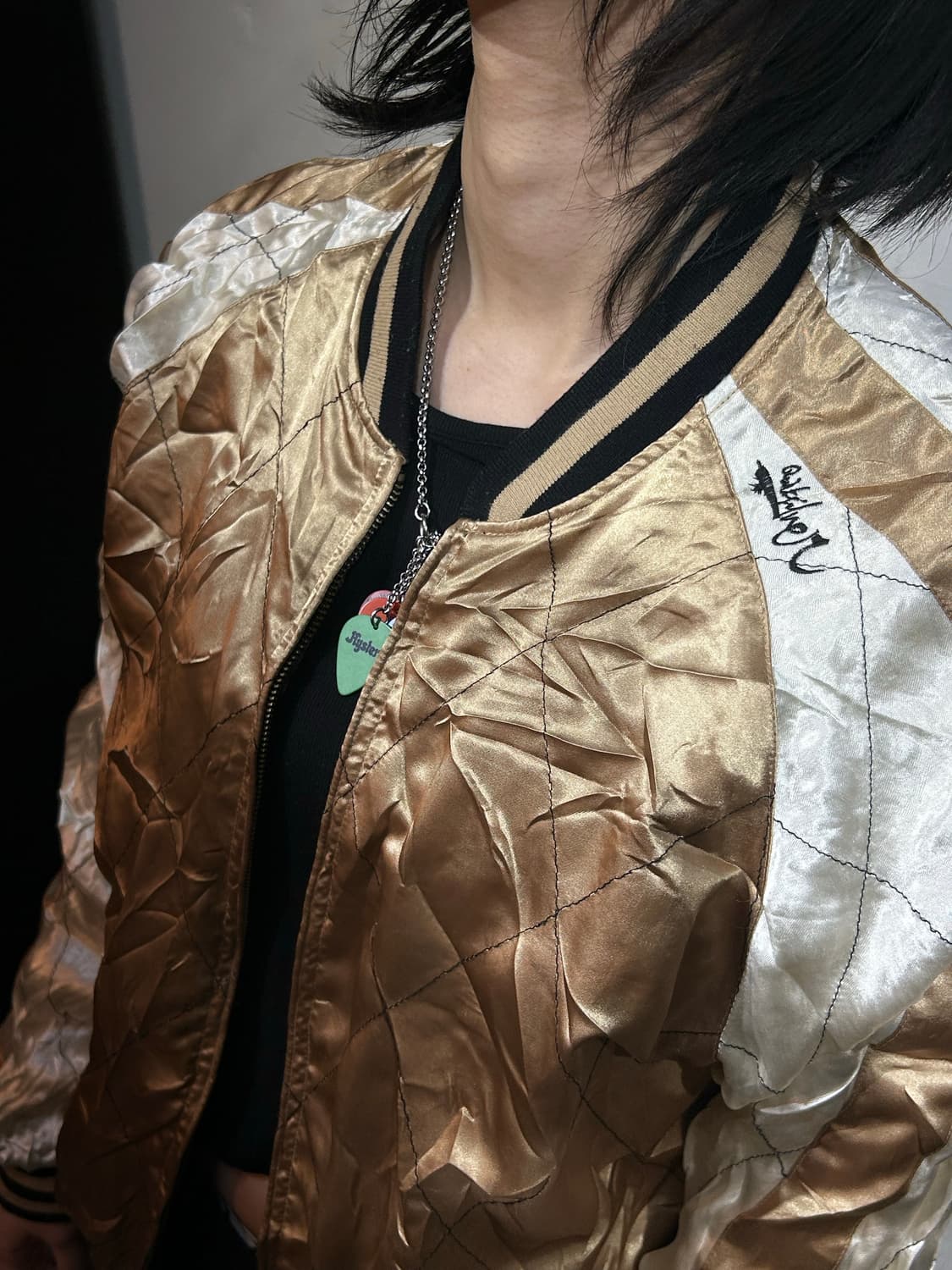 일본빈티지 양면 리버시블 후지산 자수 퀼팅 스카잔 수니베어 스카쟌 L 상품이미지4