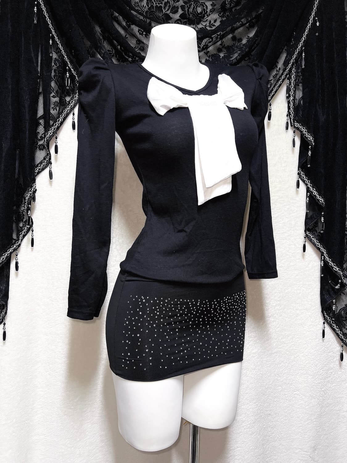 로맨틱고딕 고스 오네갸루 히메 왕리본 퍼프숄더 미니원피스 섹시 연말 파티 상품이미지1