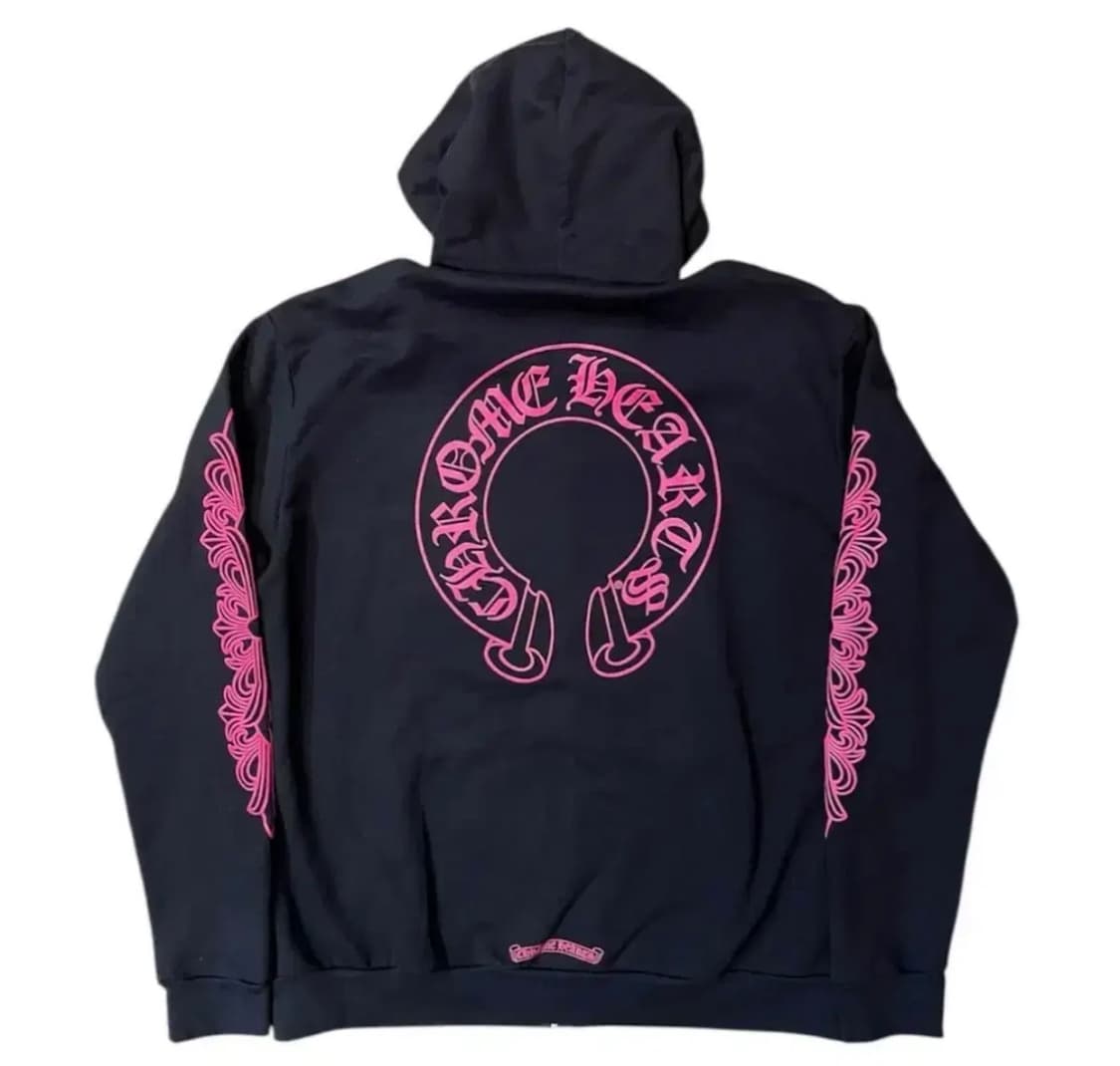 [L] 크롬하츠 홀스슈 플로랄 후드집업 블랙 핑크 상품이미지1