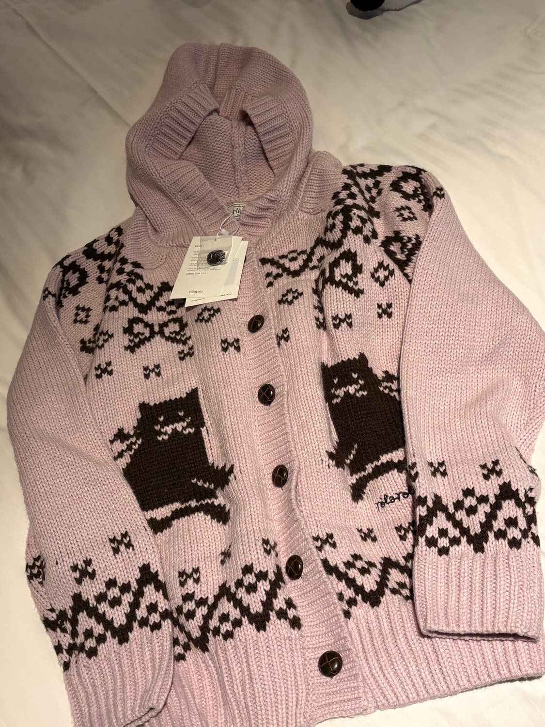 로라로라 고양이 자카드 후드 가디건 핑크 상품이미지6