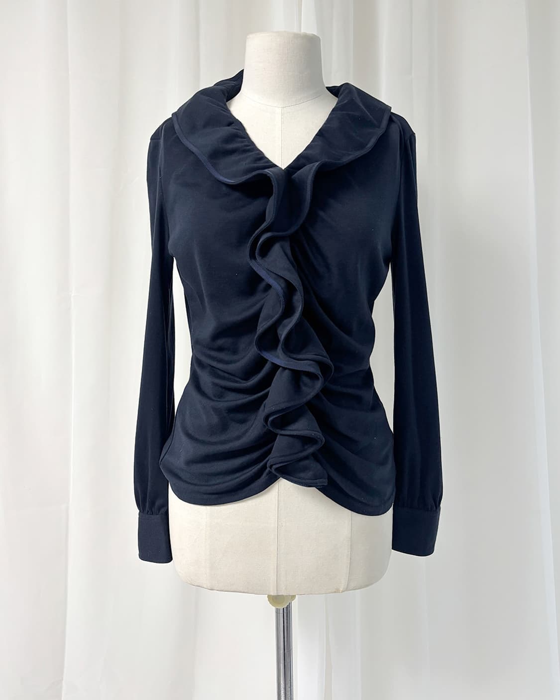 NARACAMICIE 웨이브 러플 셔링 네이비 슬림 티셔츠 상품이미지8