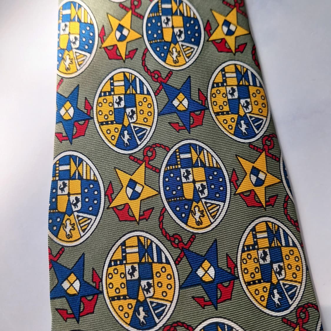 버버리 실크 올리브그린 문장 패턴 넥타이 9.6cm A등급 E771 상품이미지6