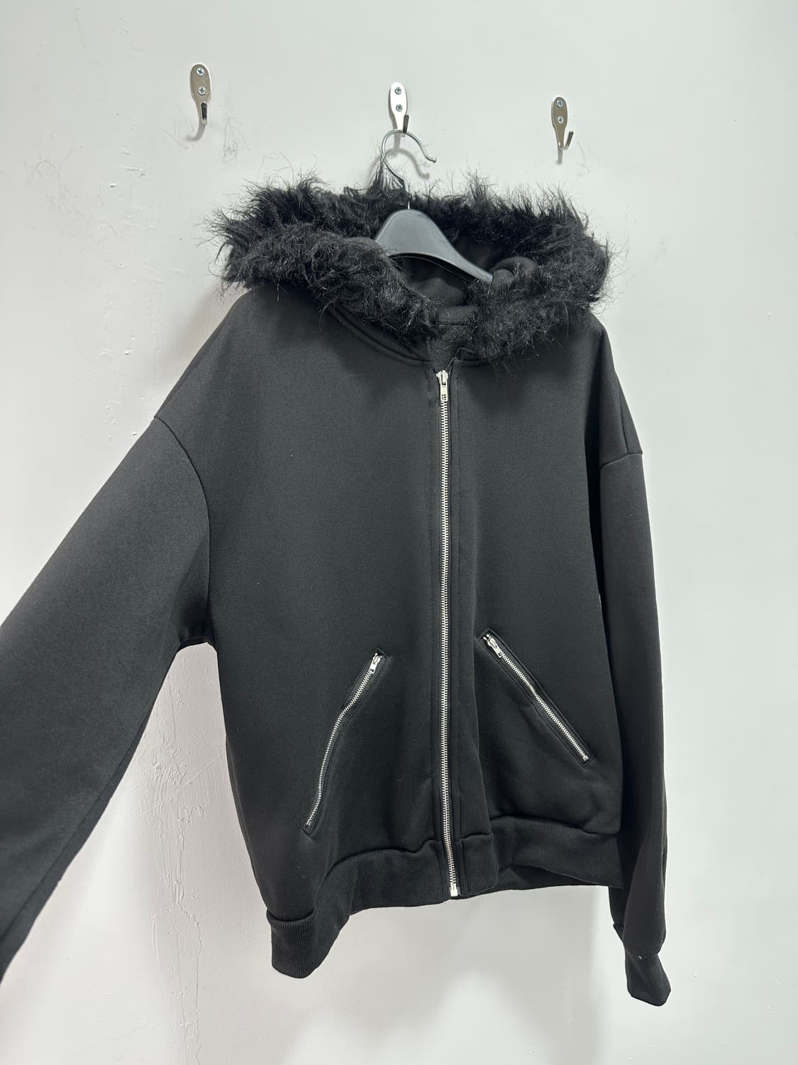Shein black fur hood zip up 상품이미지6