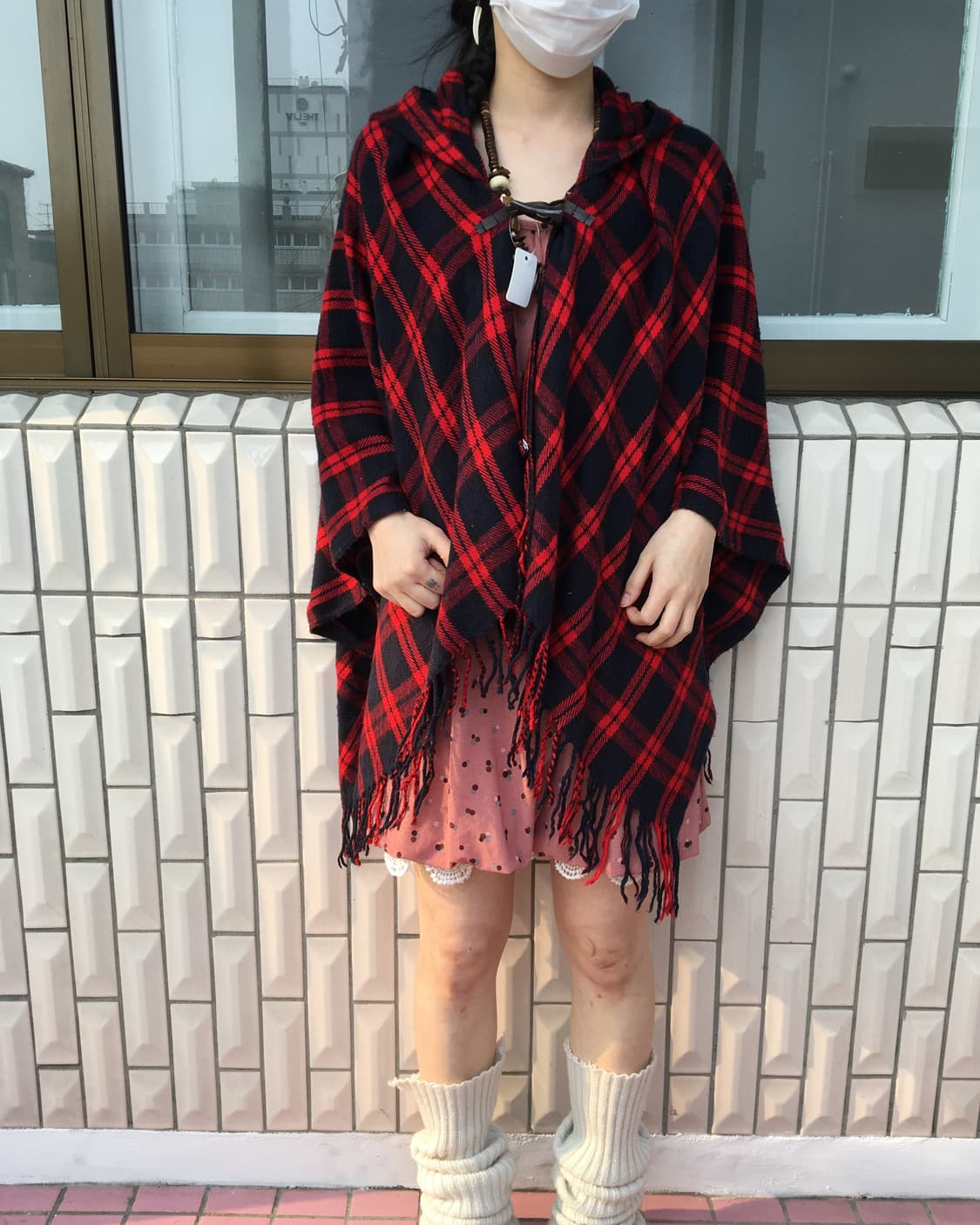 Check pattern hood knit cape 상품이미지1