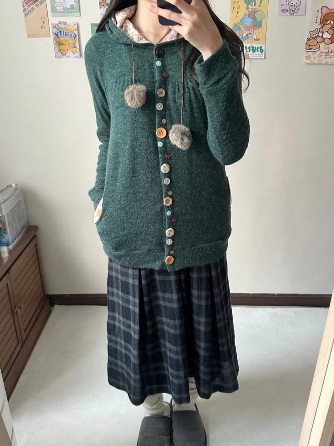 일본 빈티지 모리걸 단추 초록모리 셔링 후드 가디건 동물의 숲 상품이미지2