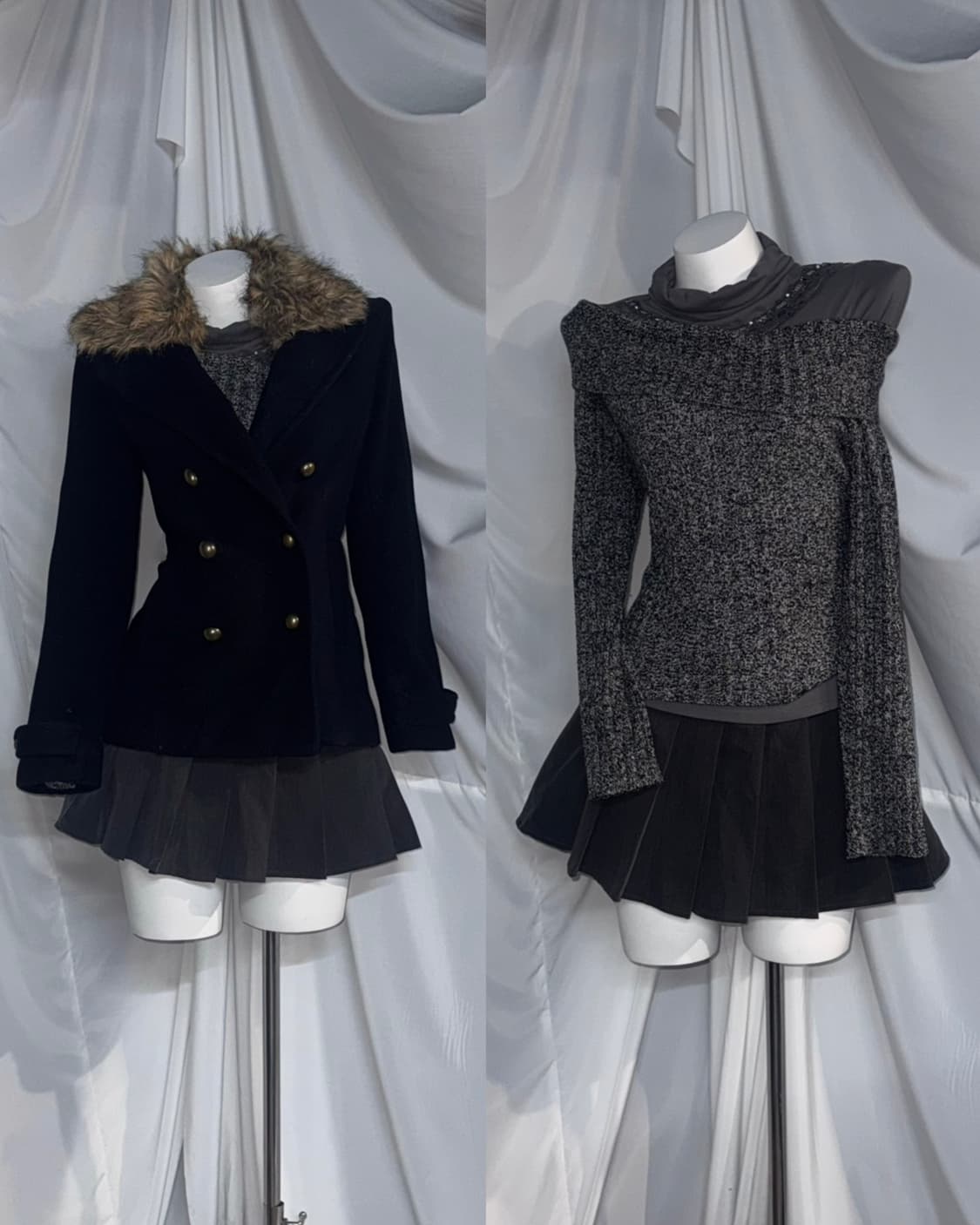 엑시즈팜 빈티지 그레이 무채색 오픈숄더 레이어드 오네갸루 코디세트 상품이미지1