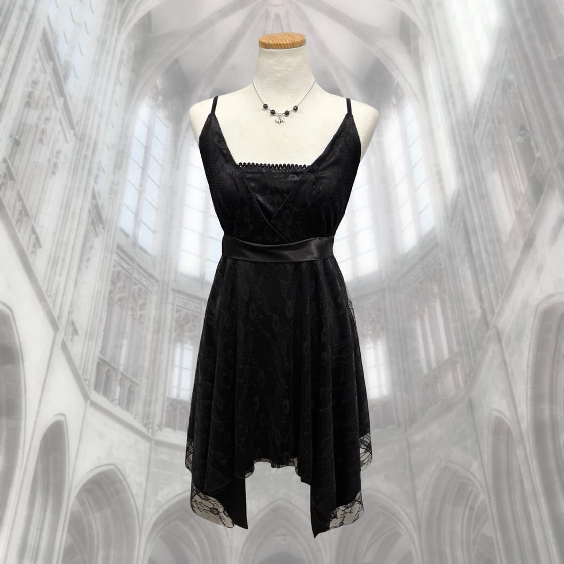블랙 레이스 리본 슬립 미니 원피스 갸루 고딕 상품이미지1
