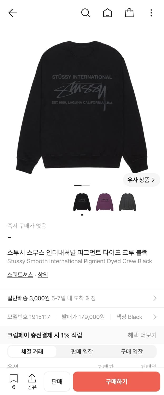 실측 M 스투시 신형 스무스 인터내셔널 피그먼트 다이드 크루 블랙 맨투맨 상품이미지2