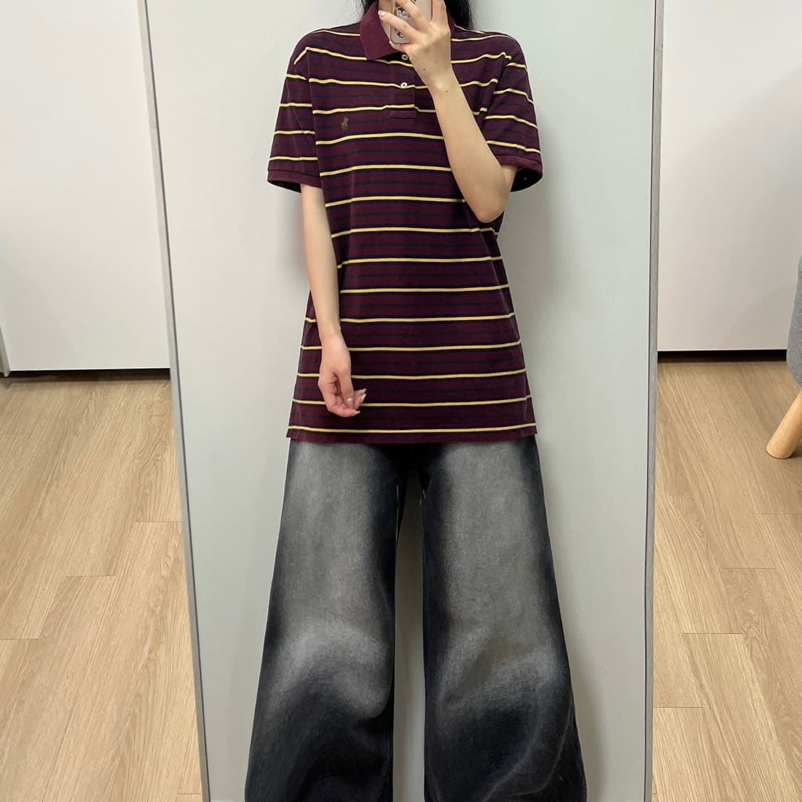 폴로 랄프로렌 카키 포니 버건디 스트라이프 반팔 카라티 상품이미지1