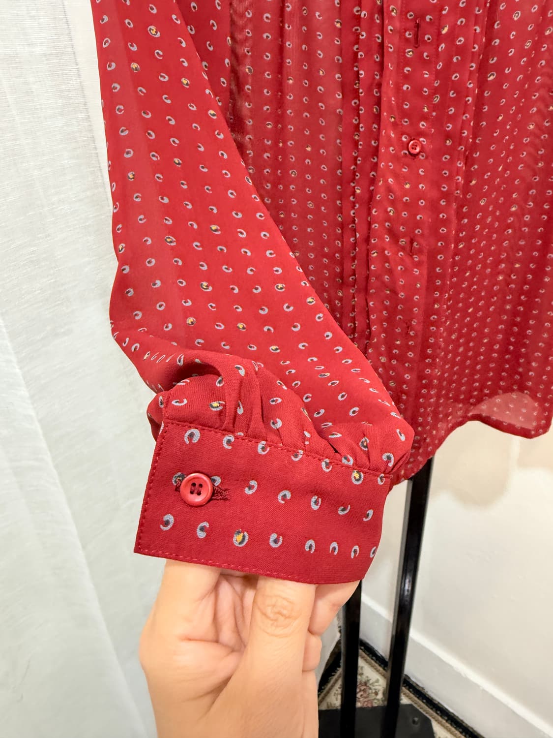 일본빈티지 플리츠 프린팅 와인긴팔블라우스 3516 상품이미지5