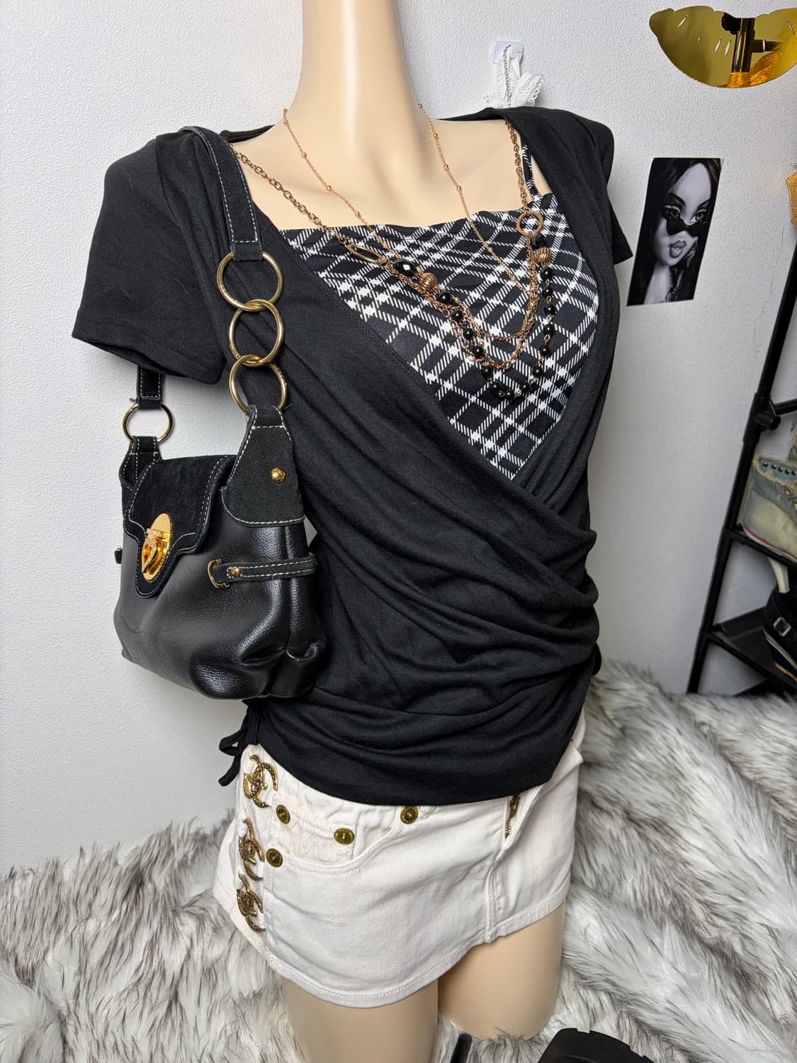 갸루 체인 레이어드 블라우스 반팔티 상품이미지2