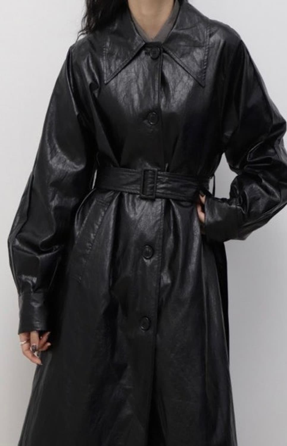 트리밍버드 롱 레더 트렌치 블랙 상품이미지1