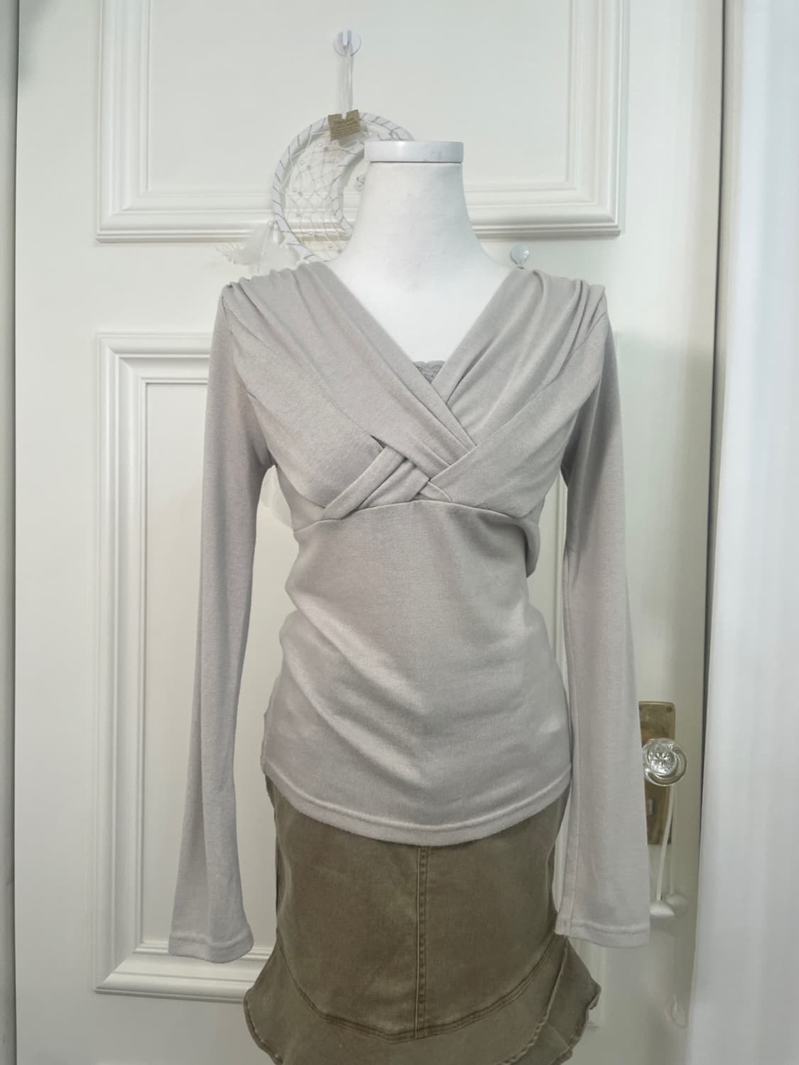 gray shirring lace point long sleeve kni 상품이미지1