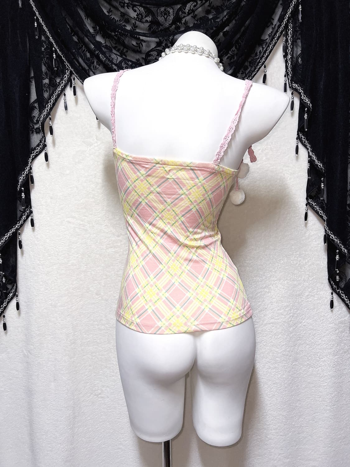 리즈리사 체크 프릴레이스 폼폼 슬리브리스 나시 히메갸루 라떼 핀터 팝걀 상품이미지7