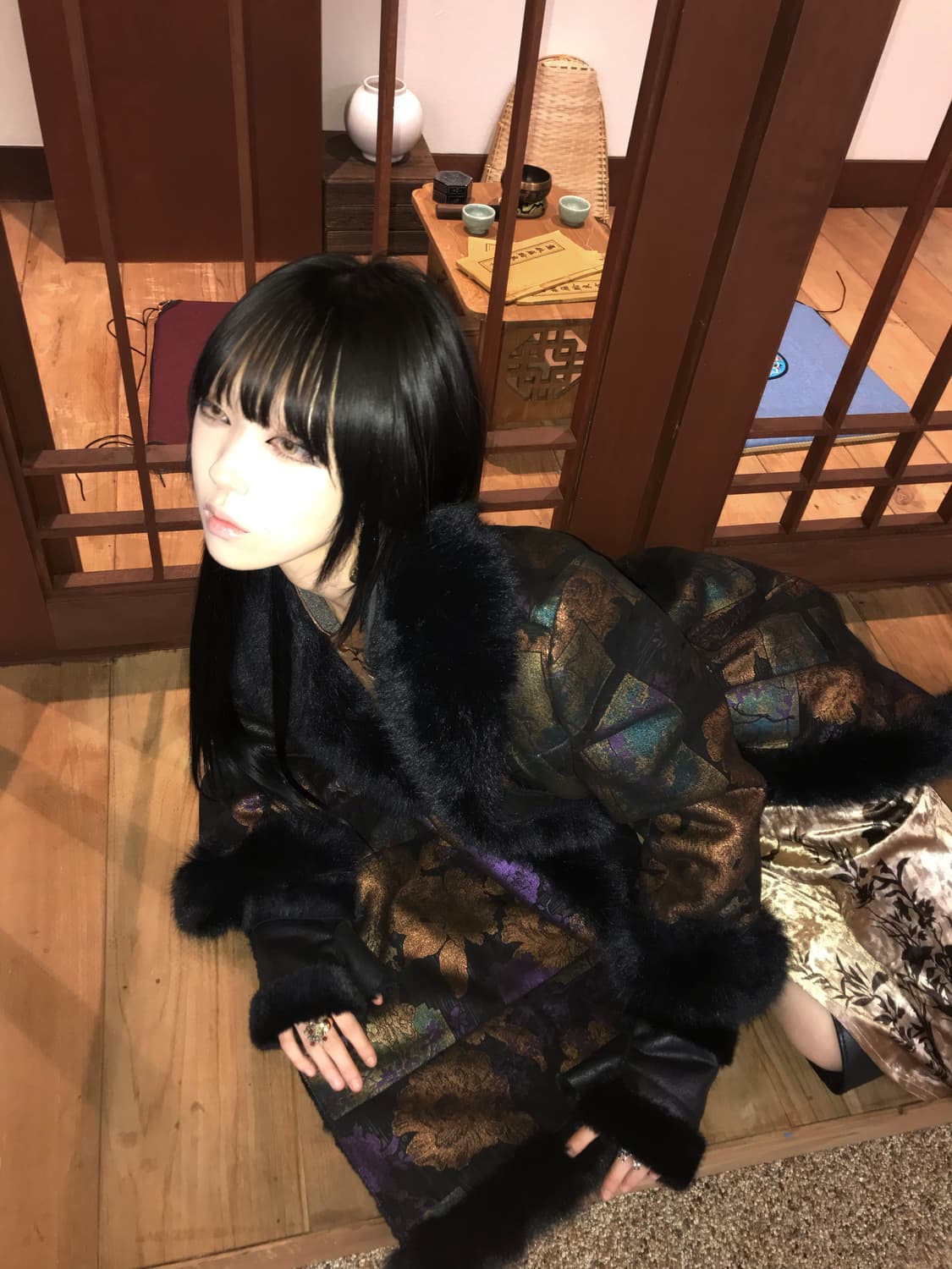 Brocade Long Fur Trim Coat  상품이미지5