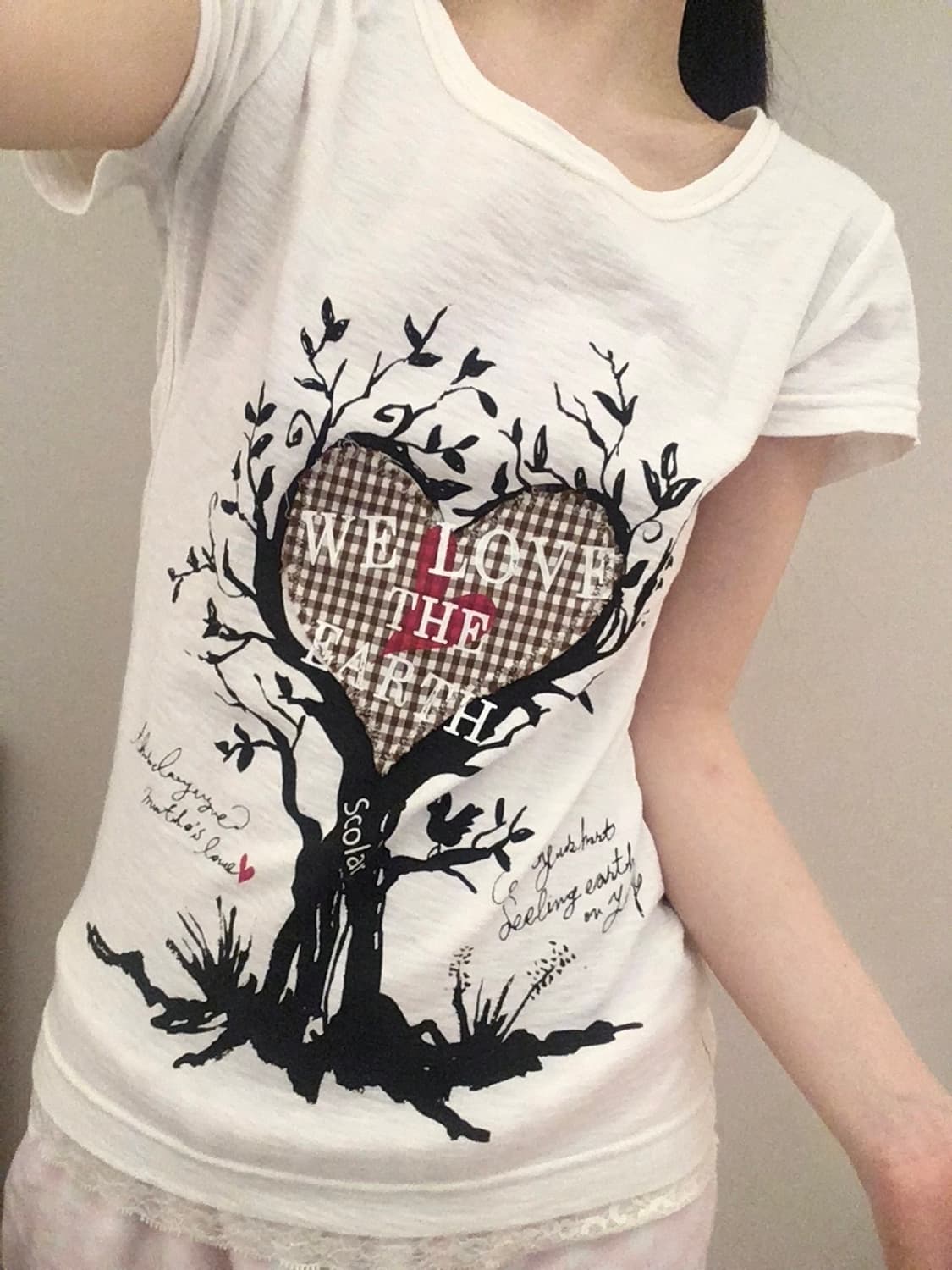 Scolar 브라운 체크하트 나무 반팔 티셔츠 모리걸 라떼갸루 상품이미지4