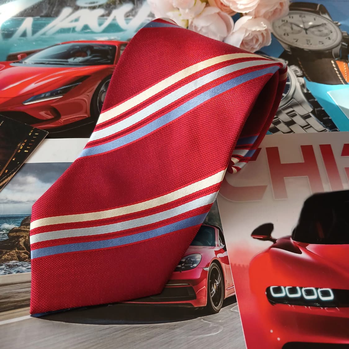 아쿠아스큐텀 실크 레드 스트라이프 넥타이 9.5cm A+등급 A18971 상품이미지2