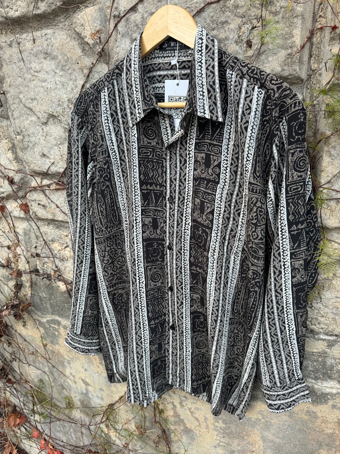 일본 빈티지 폴리 100 에스닉 패턴 셔츠 L 상품이미지3
