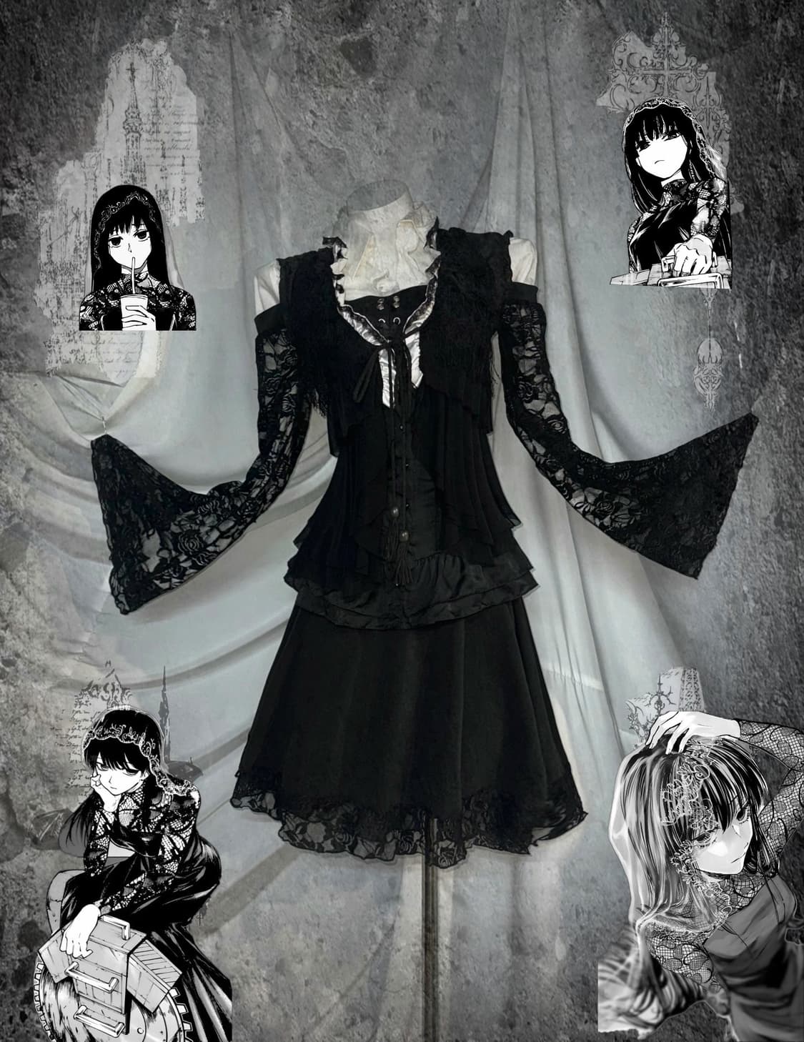 오사라기깔 레이스 고스고딕 원피스 코디세트  상품이미지1