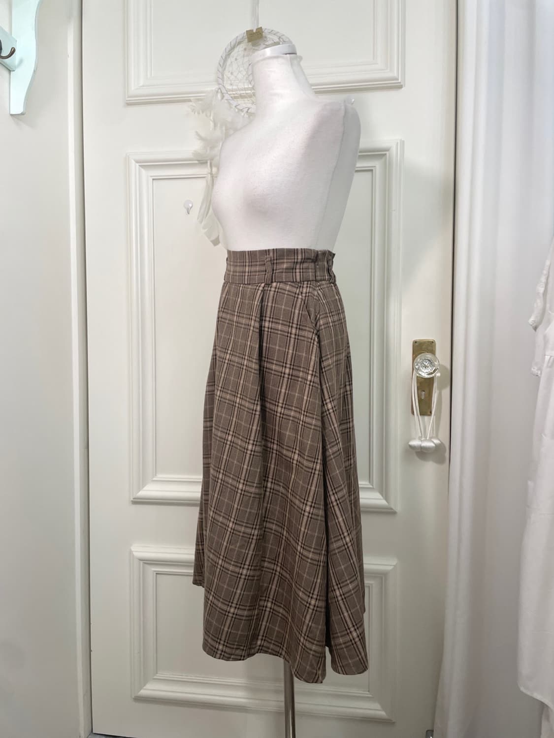 pink brown check back banding skirt 상품이미지2