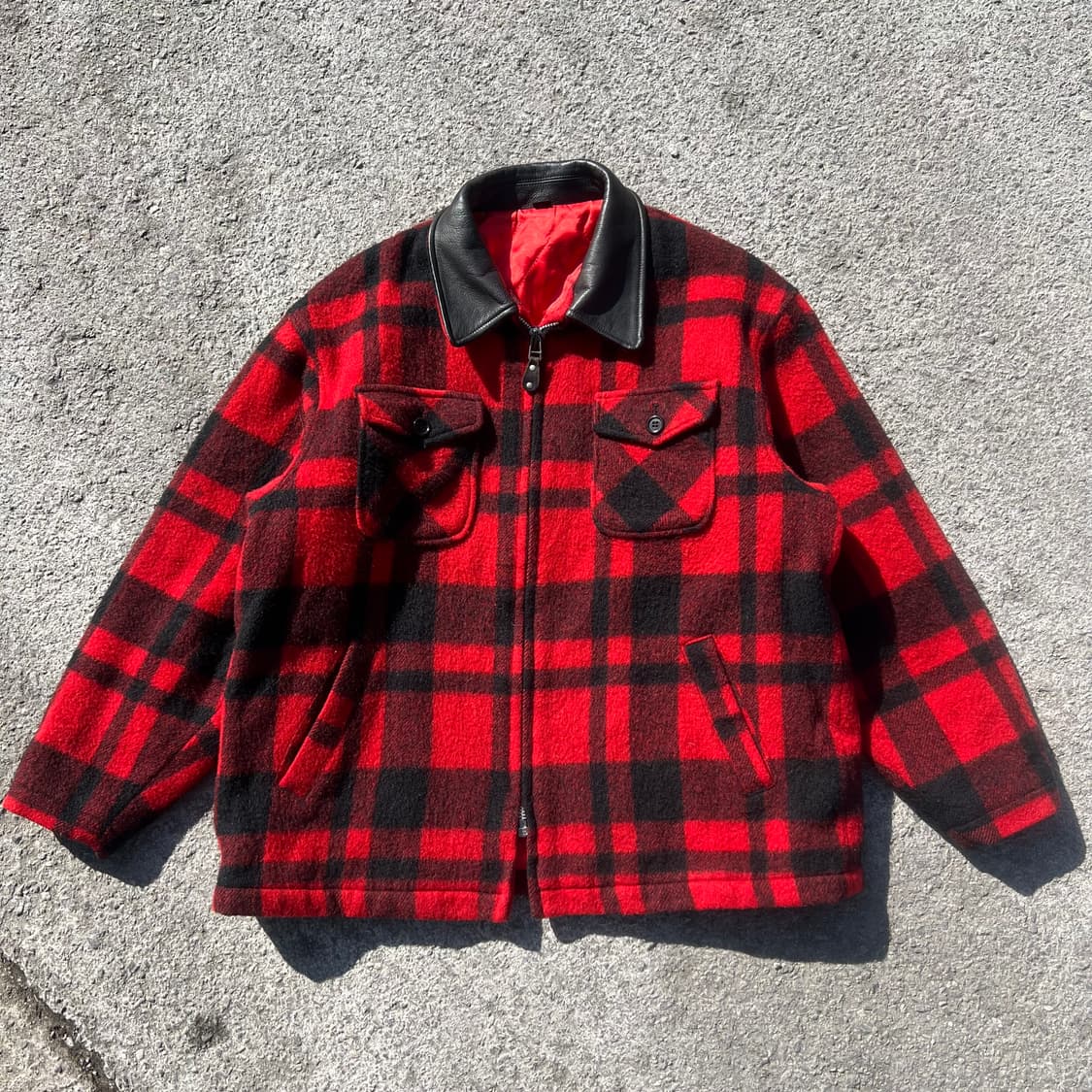 90’s 레더 칼라 울 체크 자켓 상품이미지1