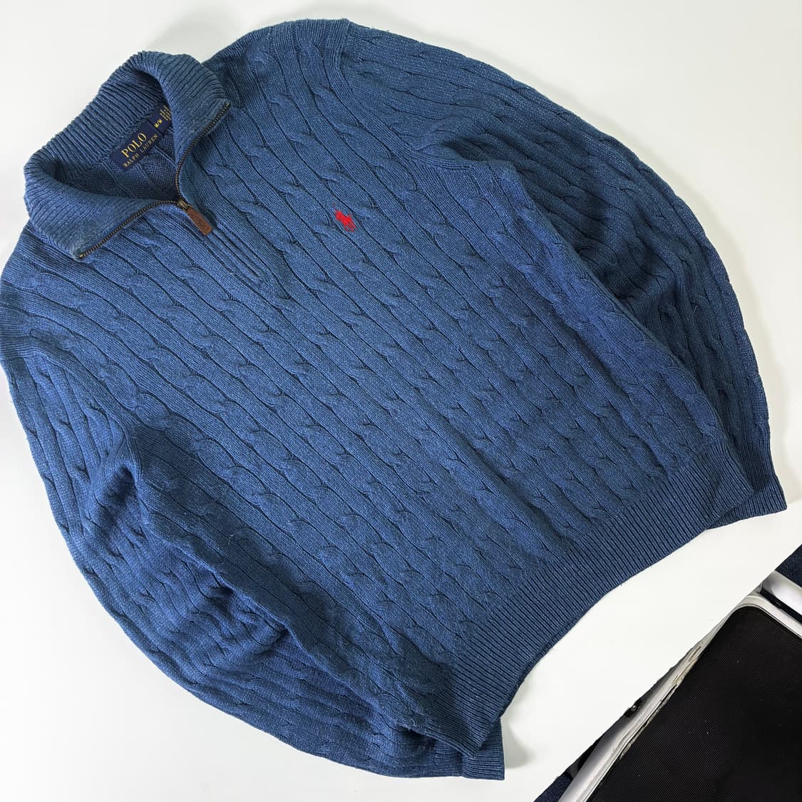 Polo  폴로 랄프로렌 자수 실크 블루 꽈배기 반집업 니트  상품이미지2