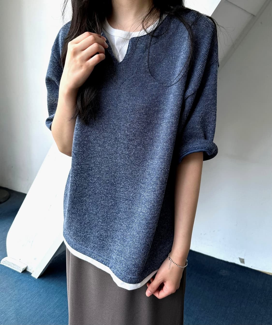Fake layered neck H/S top 상품이미지5