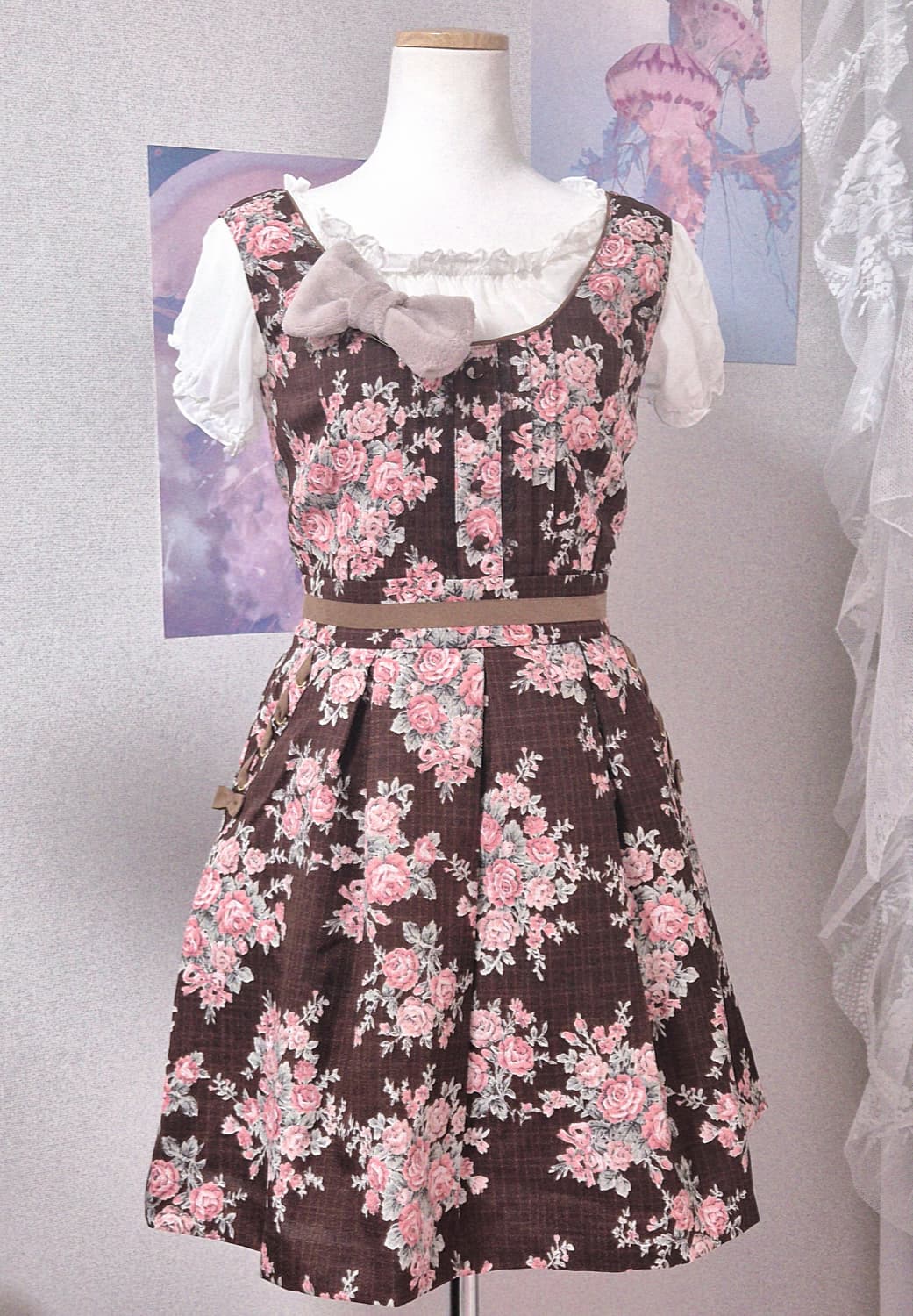 로디스포토 리즈리사깔 초코 브라운 장미 플로럴 패턴 리본 원피스 상품이미지1