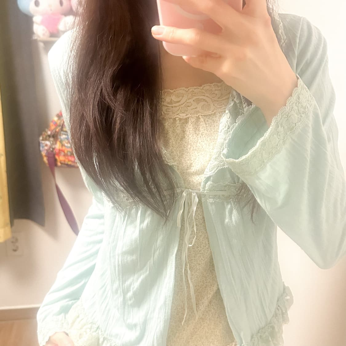 빈티지 민트 레이스 플라워 나시 가디건 히메갸루 모리걸 아오이유우 하구미 상품이미지2