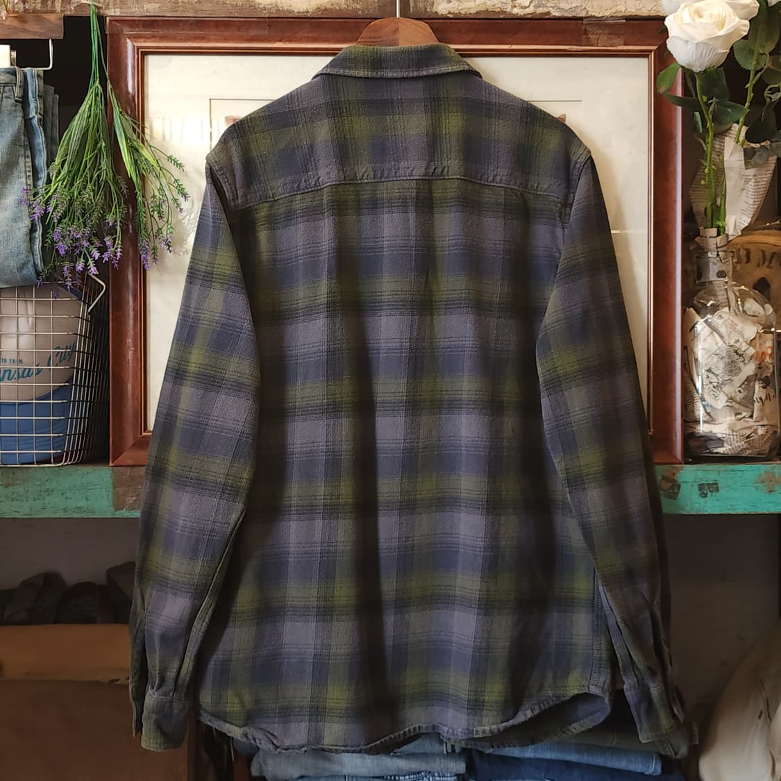 90s 아메리칸 빈티지 체크셔츠 헤비 플란넬 워크셔츠 퍼플 그린 m 상품이미지4