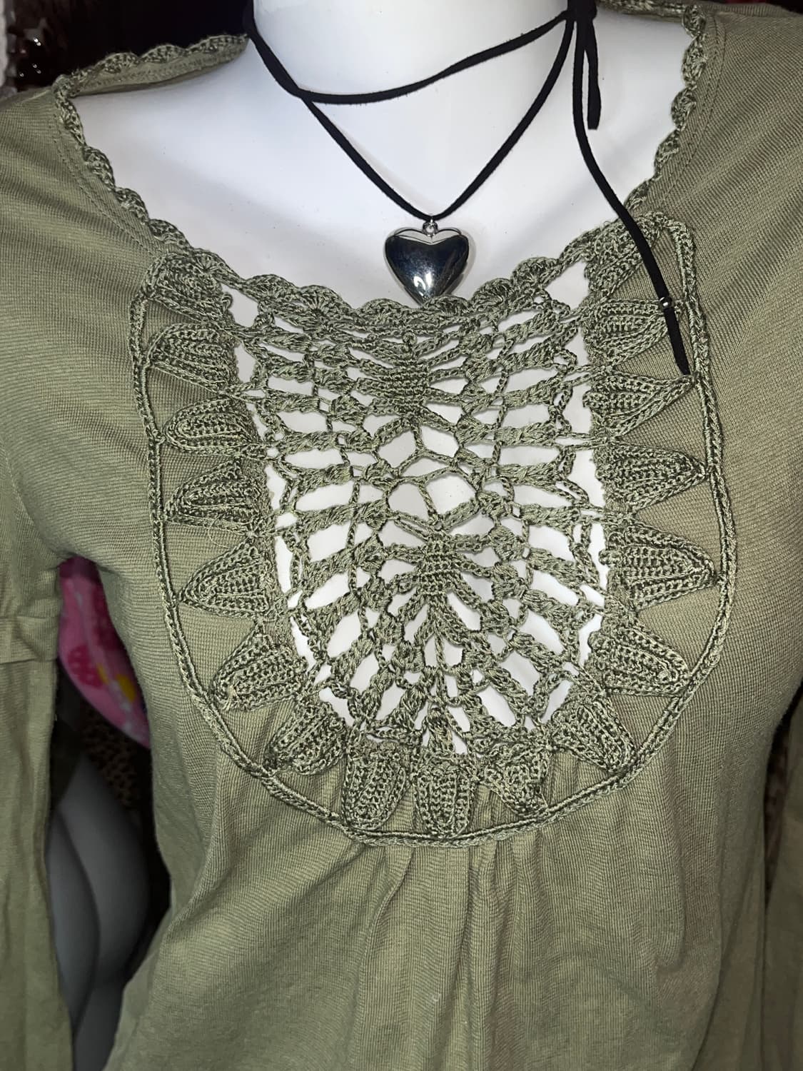 y2k 모리 퍼프 카키 레이스 니트 긴팔 상품이미지2