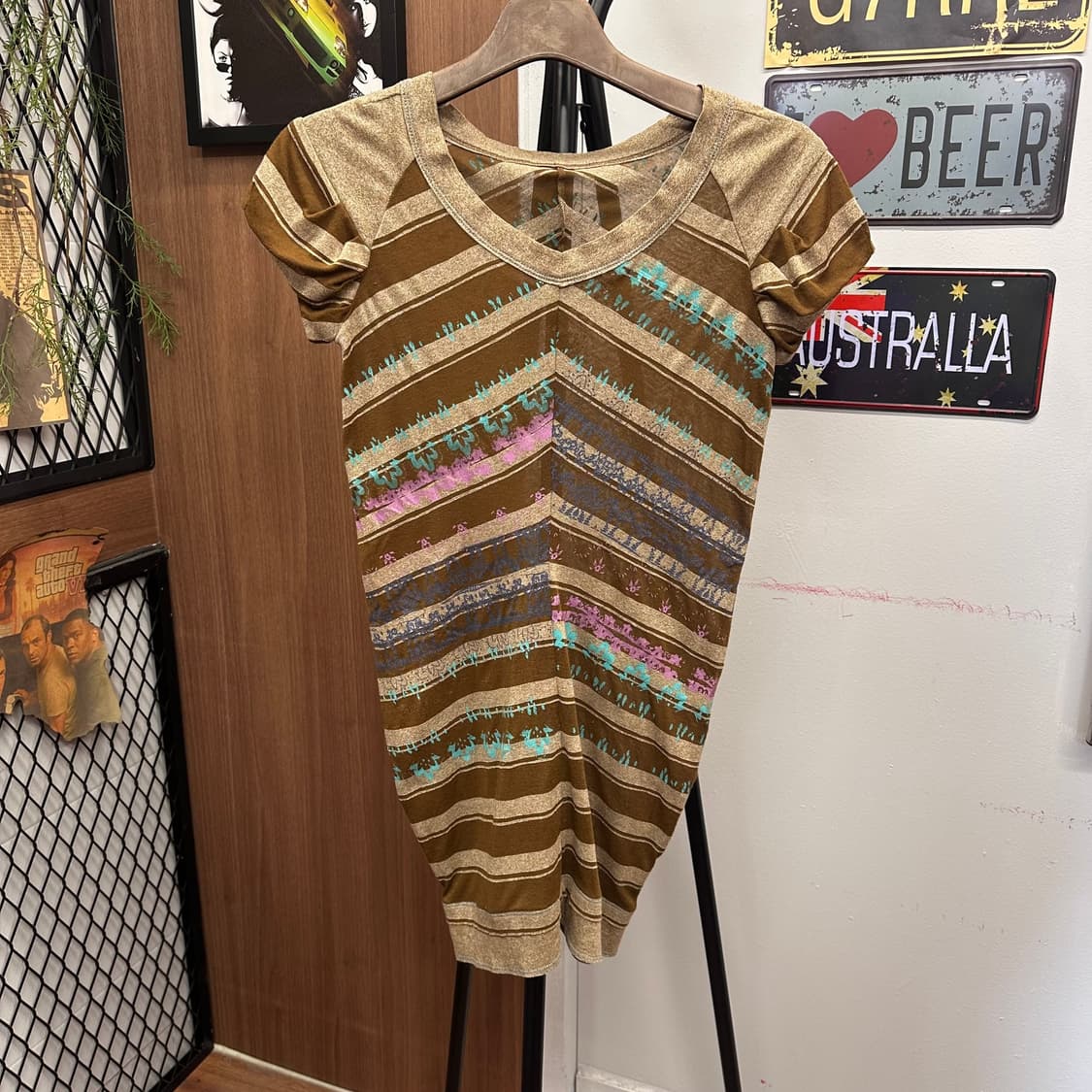 Brown Beige Striped Reprint Sheer Dress  상품이미지1