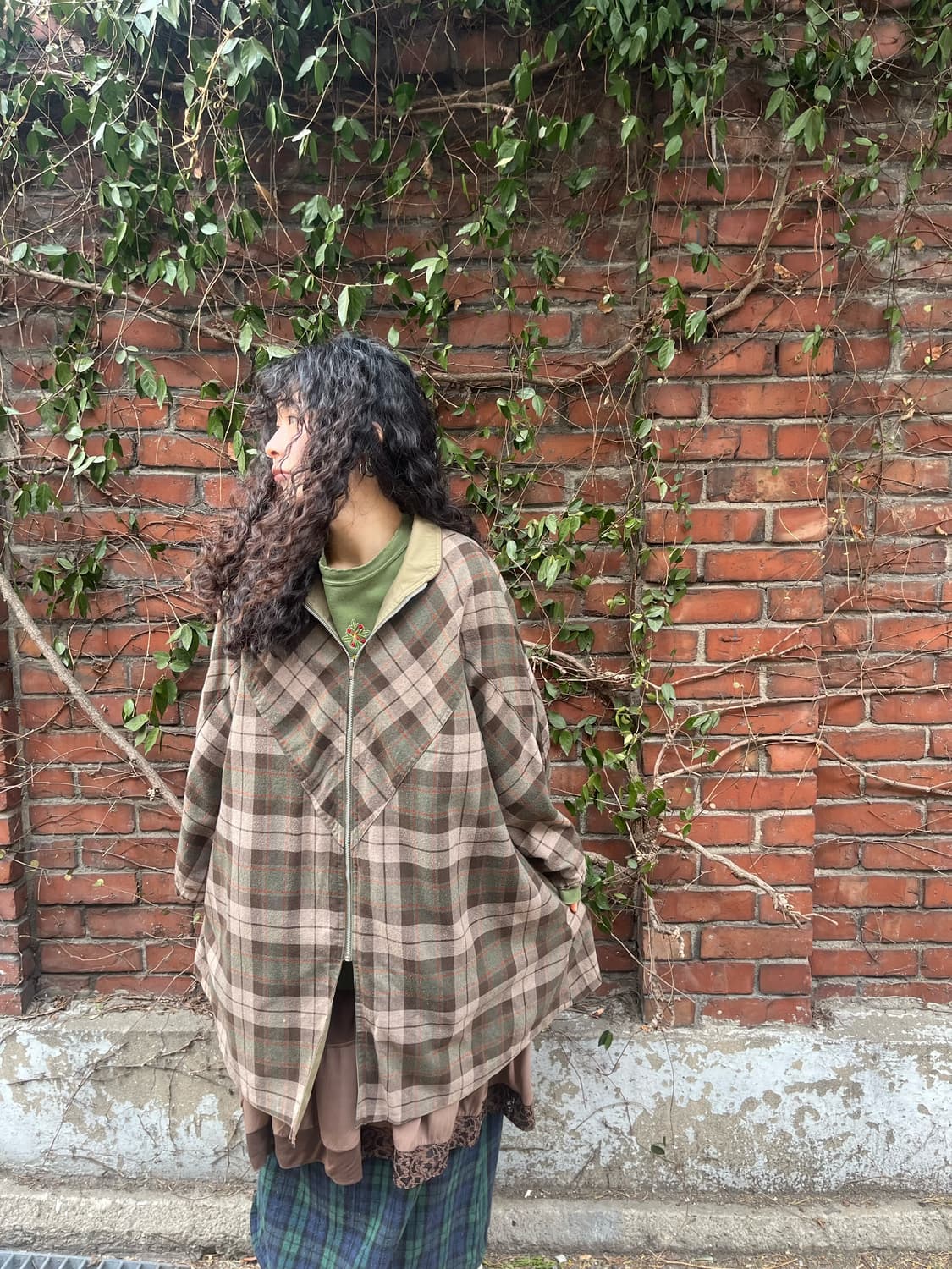 카키&그린 체크 패턴 양면 롱 재킷 상품이미지5