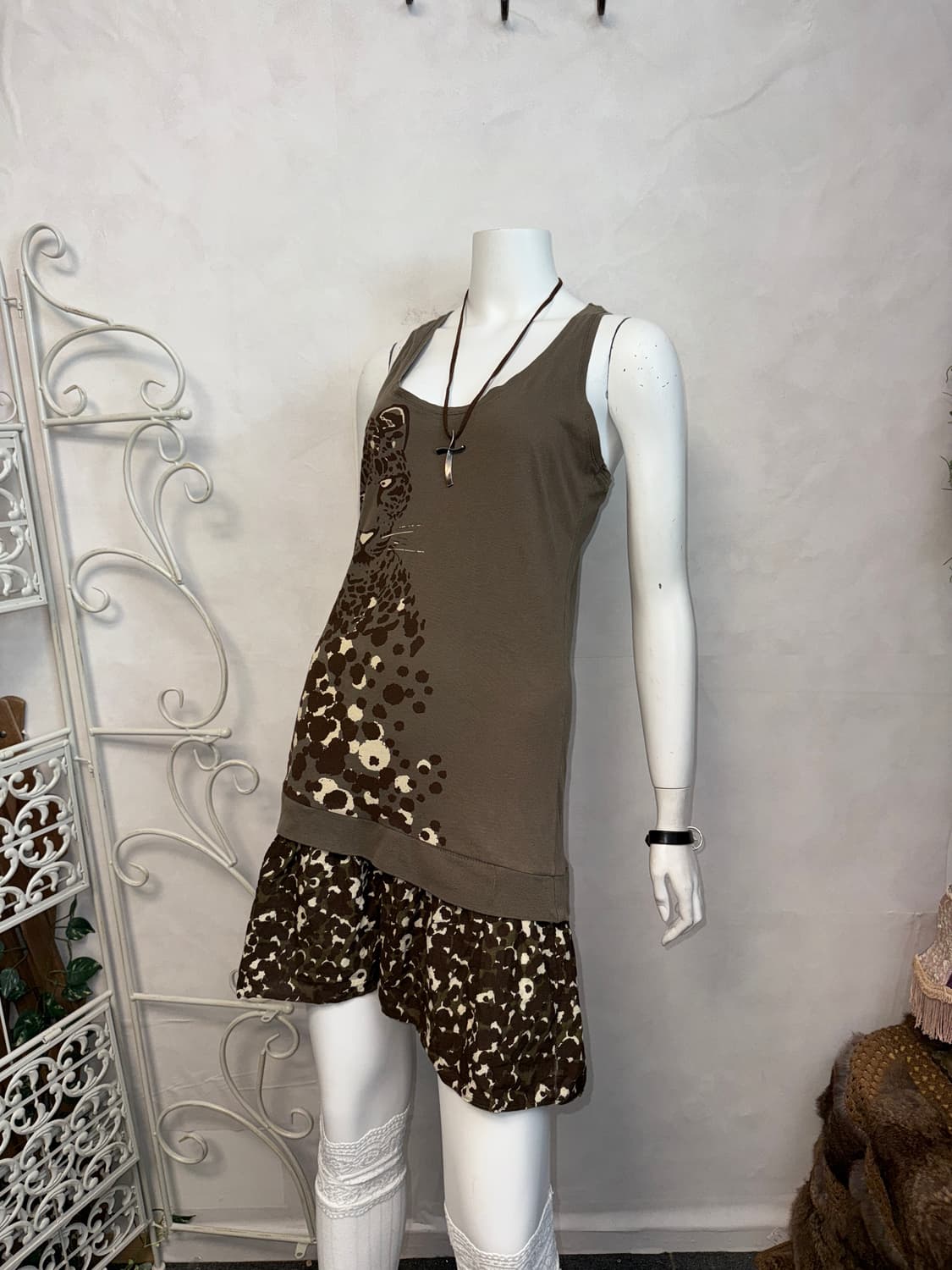 Khaki brown leopard layered midi ops 상품이미지4