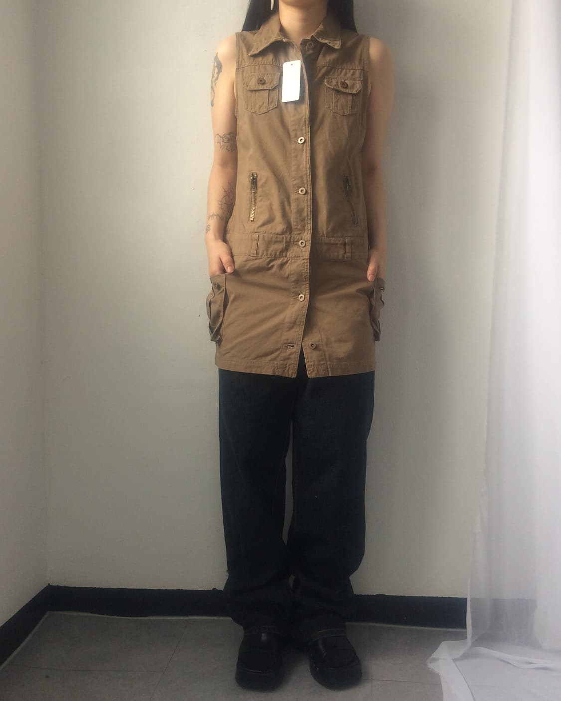 Multi pocket shirt sleeveless onepiece 상품이미지5