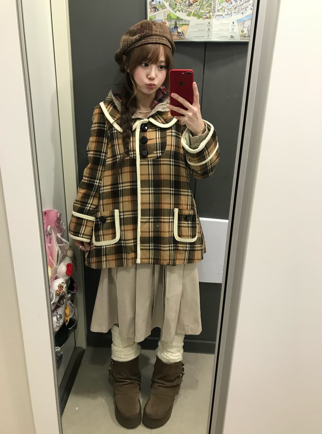 베이지 니혼진 모리걸 체크 코트 코디세트 상품이미지1