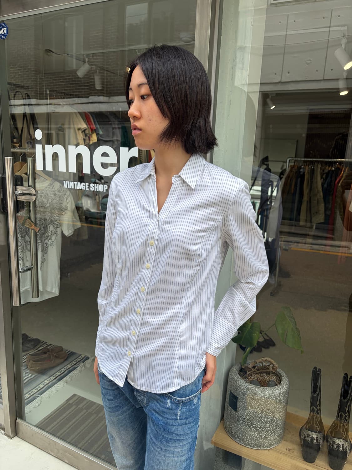 Calvin Klein 오픈카라 스트라이프 셔츠 S 상품이미지3