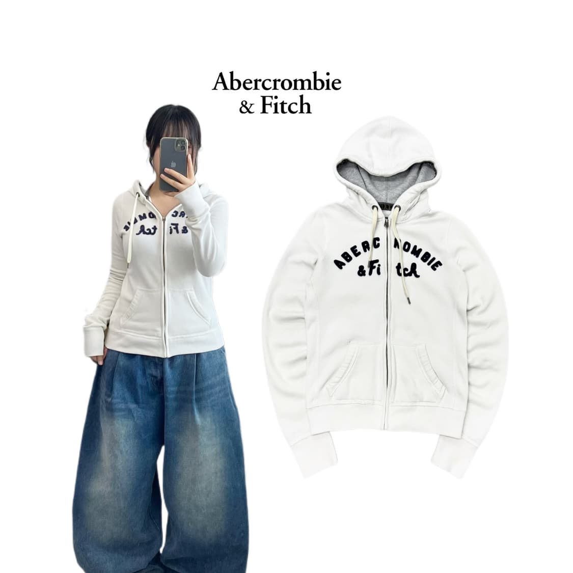 아베크롬비 Y2K 딱붙 아치로고 후드집업 화이트 상품이미지1