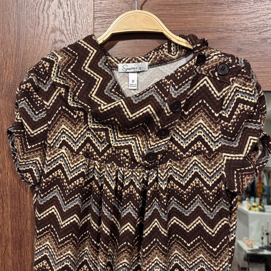 일본 빈티지 에스닉 패턴 폴라 셔링 반팔 원피스 하구미 모리 상품이미지8