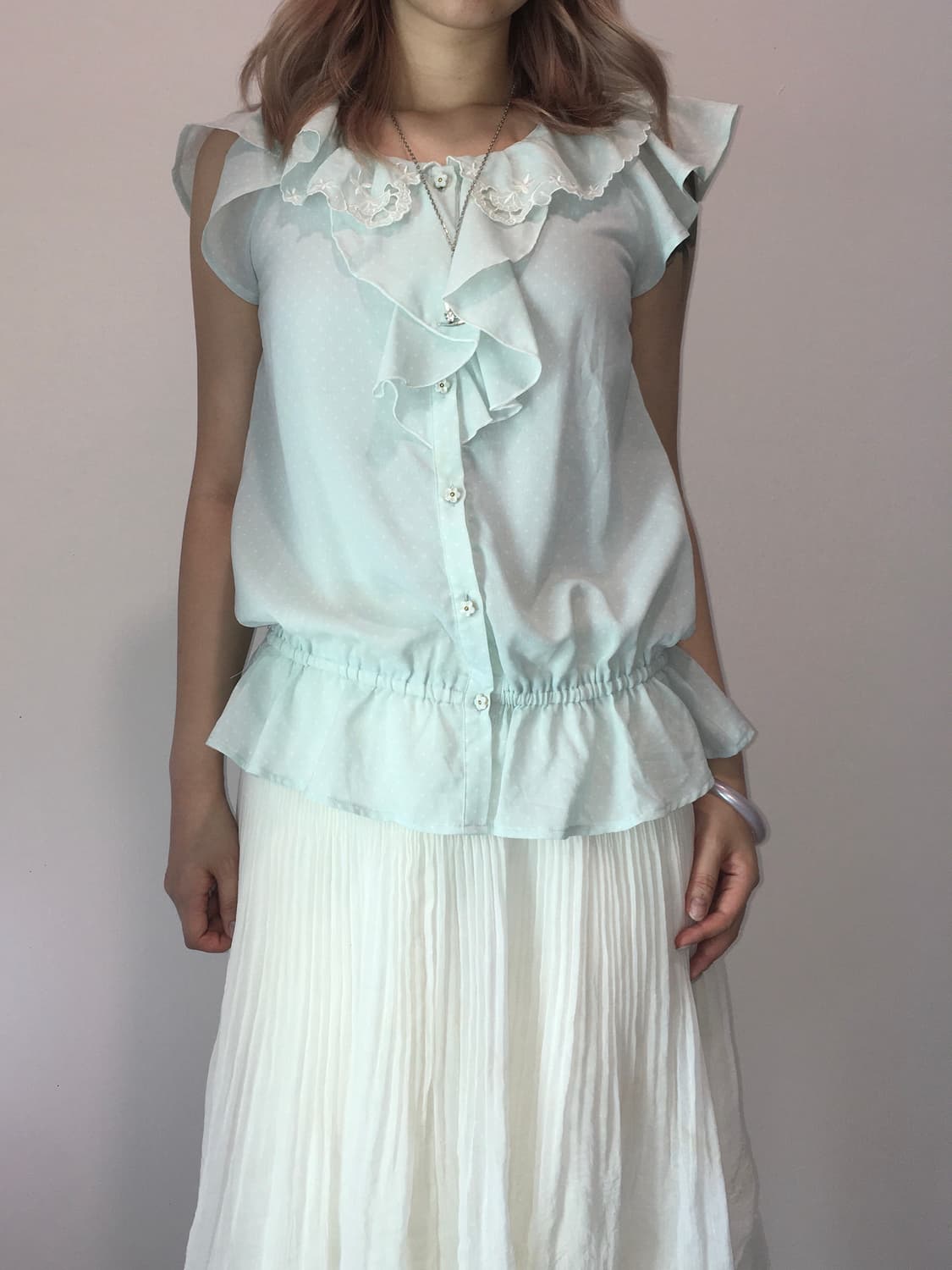 jpn vintage palemint dot ruffle blouse 상품이미지2
